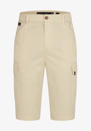 Beige cargo shorts laget av bomull, med to sidelommer og knappelukking. Glatt tekstur, kne-lengde design.