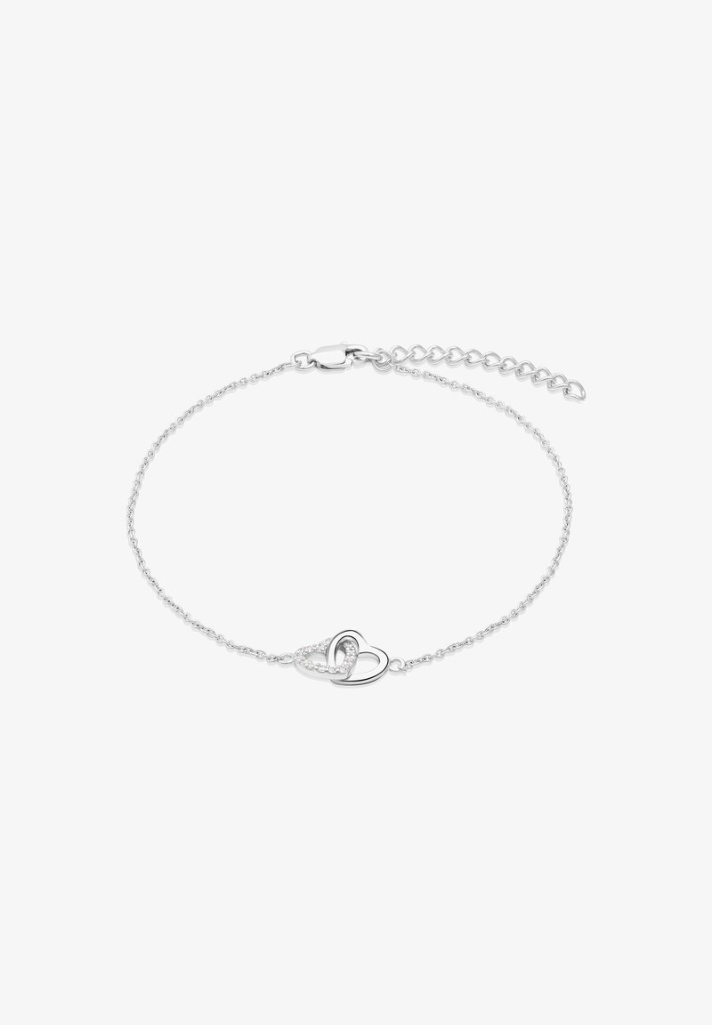 Delicate silver chain bracelet with two interlocking hearts, one adorned with small clear stones, and an adjustable clasp.