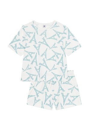 Ensemble de pyjama pour enfants avec un fond blanc et un motif répétitif de la tour Eiffel en teal. Matière en coton doux, manches courtes et shorts.