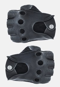 Gants en cuir noir sans doigts présentant des découpes circulaires, une surface texturée et une bande Velcro pour un ajustement sécurisé.