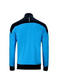 Blå atletisk jacka med svarta accenter, långa ärmar, hög krage och ribbade muddar. Slätt tyg med en sportig design.