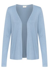 Cardigan aperto di un blu chiaro con maniche lunghe e una texture lavorata a maglia, esposto su uno sfondo bianco.
