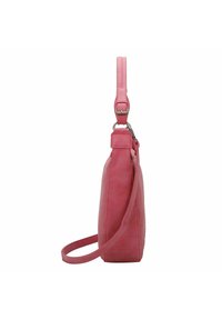 Borsa a tracolla sintetica rosa con finitura testurizzata, cinturino regolabile e dettagli di cucitura sottili; forma rettangolare con un profilo elegante.