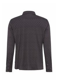 Maglietta a maniche lunghe scura con un motivo circolare multicolore, design con colletto e polsini abbottonati, realizzata in tessuto leggero.