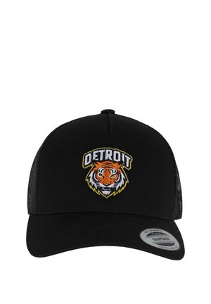 Cappellino snapback in rete nera con testa di tigre ricamata arancione e bianca e testo "DETROIT" sul pannello anteriore.