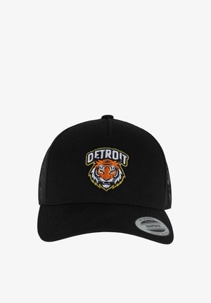 Casquette snapback en mesh noir avec une tête de tigre brodée en orange et blanc et le texte "DETROIT" sur le panneau avant.