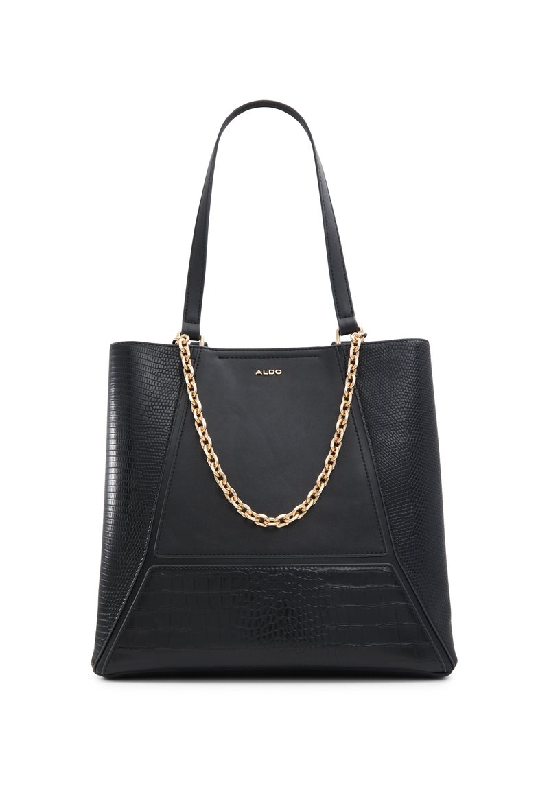 Bolso tote negro con textura de estampado de serpiente y paneles de cuero liso. Cuenta con un acento de cadena dorada y dos asas para el hombro.