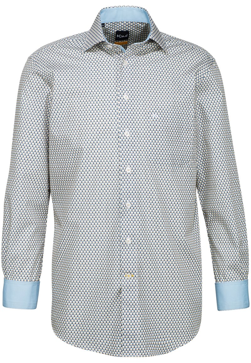 Camicia a maniche lunghe con bottoni di colore azzurro chiaro, con un motivo geometrico bianco e blu navy, caratterizzata da un colletto e polsini di un azzurro chiaro a contrasto.