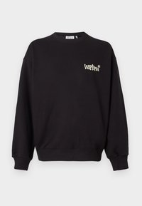 Zwarte sweatshirt van een katoenmix, met een geribbelde ronde hals, lange mouwen en een klein wit logo op de voorkant.
