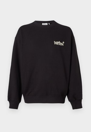 Black sweatshirt made of cotton blend, featuring a ribbed crew neck, long sleeves, and a small logo in white on the front side.