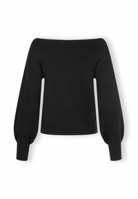 Pulover negru, cu umerii decupati, cu mâneci lungi și bufante, textură tricotată și margine cu dantelă la tiv și manșete. Design simplu și ajustat.