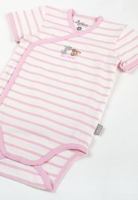 Short-sleeve, pink and white striped baby onesie, featuring a crossover design, snap closures, and an embroidered 'best friends' motif.