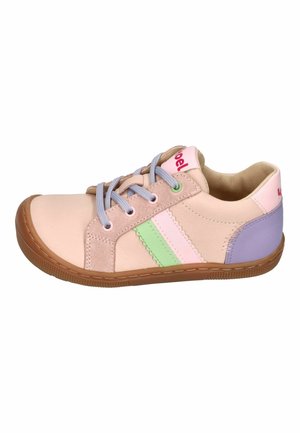 Low-top casual sneaker in pastel pink with green and pink side stripes, lavender heel, gray laces, and brown rubber sole.