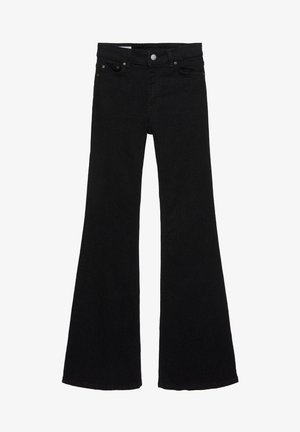 Črne jeans hlače z visokim pasom in širokimi razširjenimi hlačnicami, zapenjanje spredaj na gumbe in dizajn s petimi žepe.