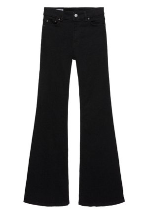 Jeans neri a vita alta con gambe ampie a zampa, chiusura con bottoni frontale e design a cinque tasche.