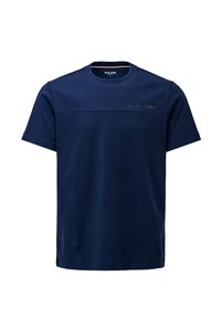 Camiseta de algodón azul marino de manga corta, con un escote redondeado y un panel texturizado horizontal. Logo de "Salsa Jeans" en detalle grabado.