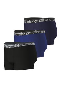 Trois paires de boxers-short en noir, bleu marine et bleu roi. Chacun dispose d'une ceinture élastique noire avec "athena" imprimé en gris.