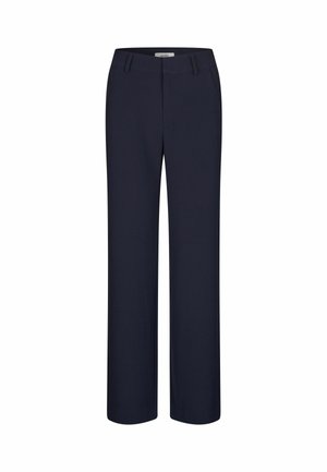 Navy dress pants with a straight-leg design, made from smooth fabric. Features a classic waistband with belt loops and front pockets.