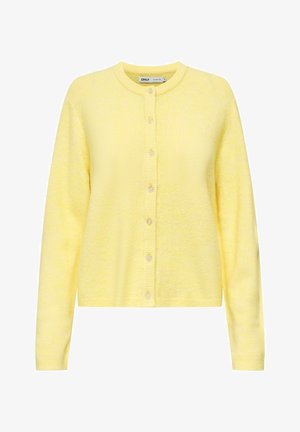 Gelber Strickcardigan mit rundem Ausschnitt, Knopfleiste und geripptem Saum. Weiche Textur, lange Ärmel und dezentem Muster.