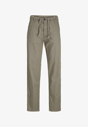 Pantaloni khaki realizzati in tessuto leggero, con design a gamba dritta, chiusura con bottone e vita con coulisse per una vestibilità regolabile.