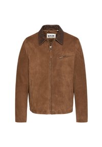 Giacca in suede marrone con colletto marrone scuro, zip frontale, due tasche laterali e tasca sul petto con zip.