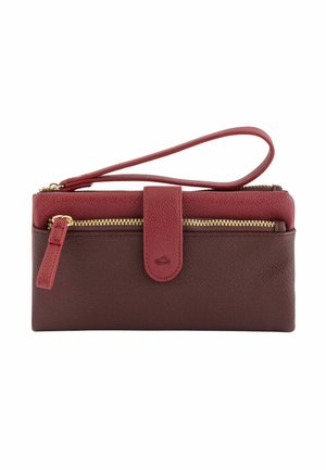 Brown leather wallet with a red zipper accent, featuring a wrist strap, gold hardware, and a snap closure on a textured surface.