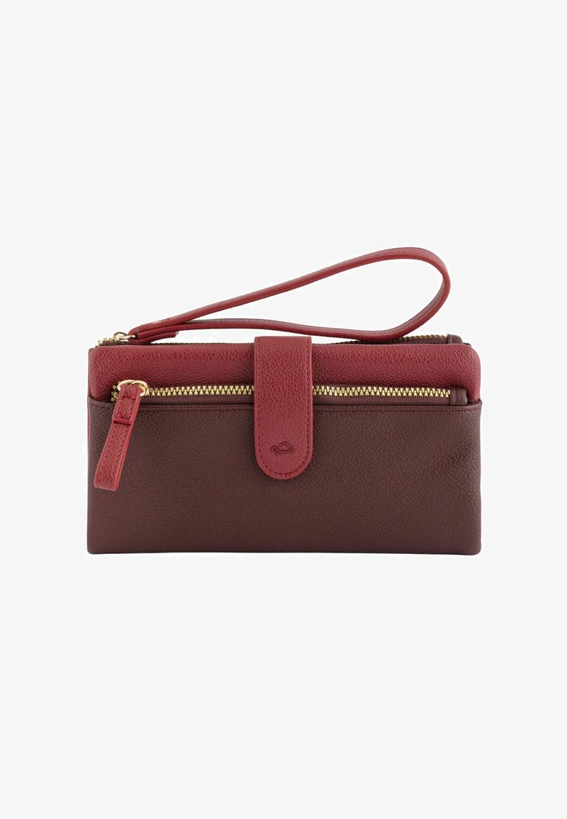 Brown leather wallet with a red zipper accent, featuring a wrist strap, gold hardware, and a snap closure on a textured surface.