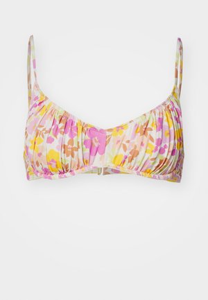 Bikini-top med lett blomstermønster i rosa, gult og brune nyanser. Har samlet stoff og justerbare spaghetti-stropper. Metallspenne-lukking.