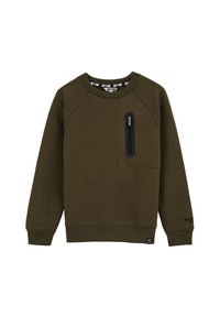 Olíva zöld pulóver puha anyagból készült. Elöl zsebe zipzárral, bordás mandzsettákkal és nyomott részletekkel a nyakán.