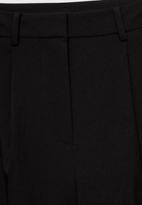 Black trousers with a smooth fabric, featuring a flat front with creases, two side pockets, and a secured waistband.