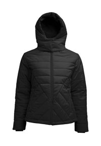 Giacca nera isolante con cappuccio, caratterizzata da un design trapuntato, chiusura con zip e texture liscia. Include due tasche laterali e polsini regolabili.