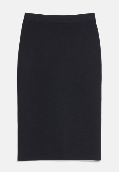 Jupe crayon noire longueur genoux avec une taille ajustée et une coupe droite, réalisée dans un tissu lisse.