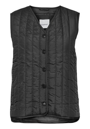 Black sleeveless vest made of quilted fabric, featuring vertical stitching, a round neckline, and front button closure with six buttons.