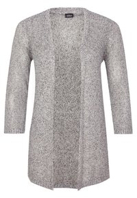 Grå stickad cardigan med trekvartsärmar, öppen frontdesign, texturerad tyg och subtila fläckmönster genom hela. 