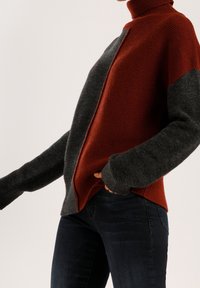 Strickpullover mit hohem Kragen, der kontrastierende rostfarbene und anthrazitfarbene Einsätze aufweist, lässige Passform und gerippte Bündchen sowie Saum.