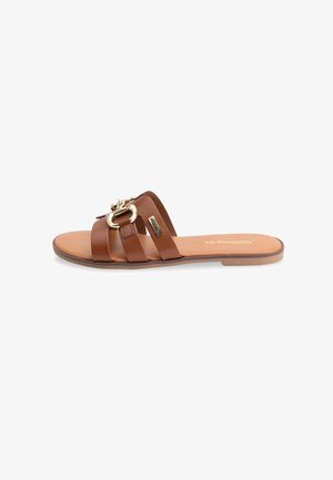 Brown leather slide sandal featuring crisscross straps, a gold hardware accent, and a flat sole with a smooth, tan insole.