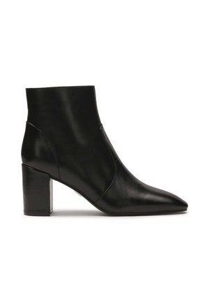 Black leather ankle boot with a pointed toe, smooth texture, seamless design, and a chunky high heel. Clean, modern silhouette.