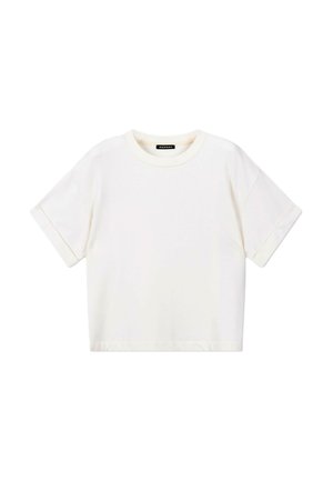 Korte mouwen, gebroken wit cropped T-shirt met opgerolde manchetten en een klein zwart label aan de binnenkant van de kraag.