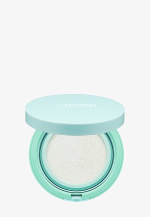 Kompakt rundt mintgrønt kosmetik etui med hvid svampeapplikator indeni, mærket "Bringgreen" på låget.