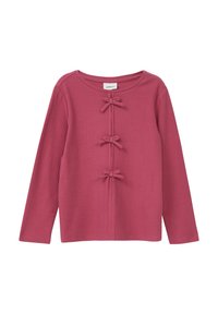 Langarmshirt aus gerippter Stoff, Farbe: staubiges Rosa, mit drei dekorativen Schleifen an der Vorderseite, rundem Ausschnitt und geradem Saum.