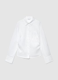 White long-sleeve shirt in a smooth cotton blend. Features a classic collar, front buttons, and a single chest pocket.