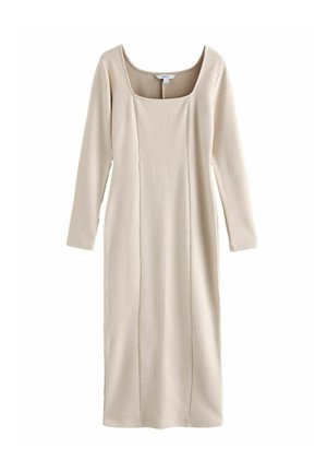 Robe beige à manches longues avec un décolleté carré, en tissu doux, dotée de coutures verticales pour une silhouette ajustée.