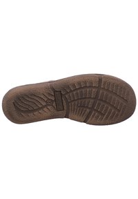 Suela de zapato de goma marrón con superficie texturizada, que presenta surcos y patrones para tracción. Marcada con el nombre de la marca "Josef Seibel."