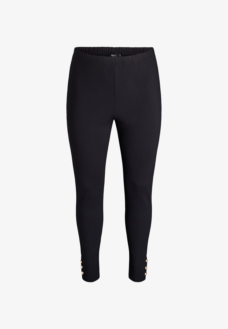 Czarne legginsy wykonane z elastycznego materiału, charakteryzujące się gładką teksturą i dopasowanym krojem. Zauważalne złote guziki na kostce.