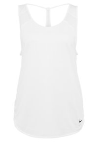 Canottiera bianca con scollo rotondo, design racerback e un piccolo logo Nike nero in basso a destra. Tessuto morbido con una vestibilità comoda.