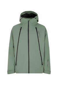 Vodootporna jakna u mint zelenoj boji s kapuljačom, s crnim patentnim zatvaračima, dva bočna džepa i opuštenim krojem.