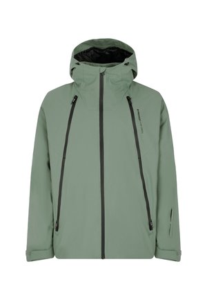 Giacca verde menta resistente all'acqua con cappuccio, dotata di cerniere nere, due tasche laterali e un design dalla vestibilità rilassata.