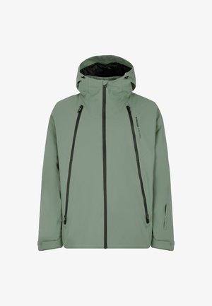 Vodaodolná světle zelená bunda s kapucí, která má černé zipy, dvě postranní kapsy a volný střih.