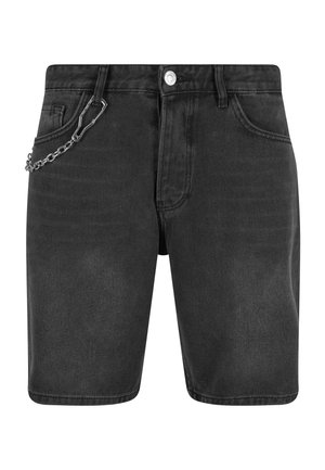 Schwarze Denim-Shorts mit einem Kettenclip-Detail, im klassischen Design, fünf Taschen und einem geraden Schnitt.