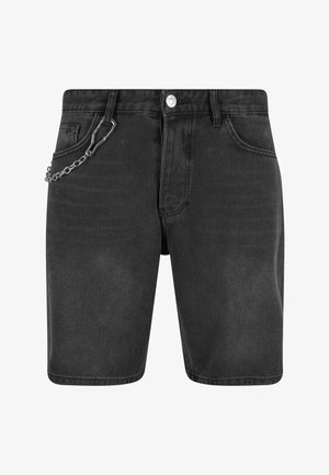 Shorts negri din denim cu detaliu de clip cu lanț, având un design clasic, cinci buzunare și croială dreptă.
